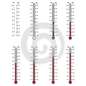 Blank of thermometers and different levels isolated on white background photo