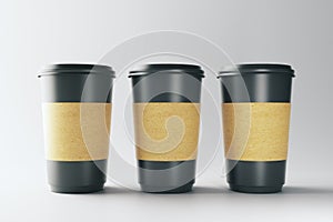 Blank three black coffee cups
