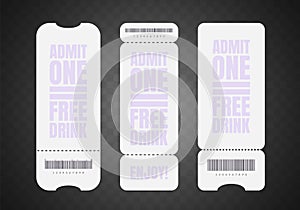 Blank ticket mockup set. Realistic white paper coupon isolated. Control pass. Vector
