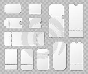 Blank ticket mockup template. Movie lottery realistic blank tickets. Vector empty flyers.