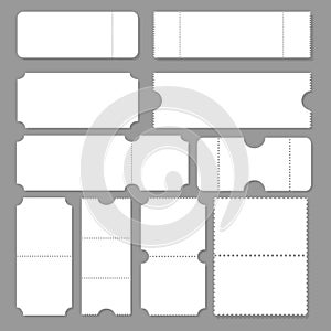 Blank ticket template. Festival concert tickets, white paper coupon card layout and cinema admit one sheet. Event