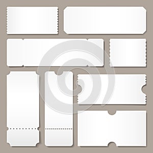 Blank ticket template. Festival concert tickets, white paper coupon card layout and cinema admit one sheet isolated