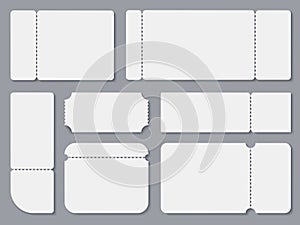 Blank tickets. White theater and cinema ticket mockup. Lottery coupon and receipt vector isolated template