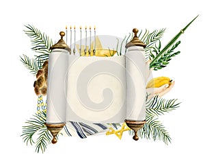 Blank Torah scroll and Sukkot symbols banner tempate watercolor illustration. Four species etrog fruit