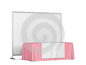 Blank tradeshow tablecloth with runner and backdrop banner mockup