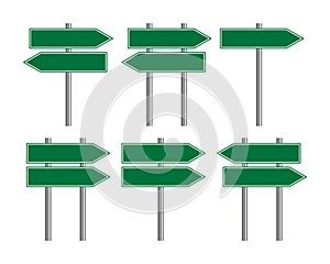 Blank traffic road sign set, direction empty street signs, green arrow signposts isolated on white background, vector illustration