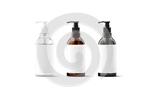 Blank transparent, amber, black glass bottle with white label mockup