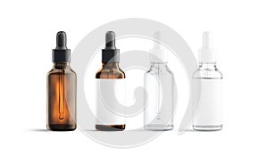 Blank transparent and amber glass dropper bottle mockup, front view