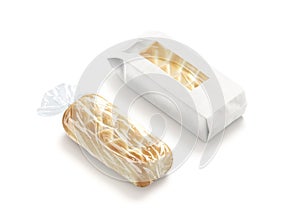 Blank transparent cellophane and white paper bread pack mockup, isolated