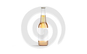 Blank transparent glass beer bottle with white label mockup, isolated