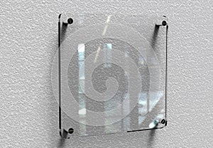 Leer glas Büro legal markierung platte  ein dreidimensionales Bild das mithilfe eines Computermodells erstellt wurde. Büro platte verspotten hoch auf der wand. 