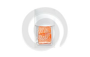 Blank transparent pack with white label for salmon mockup, isolated