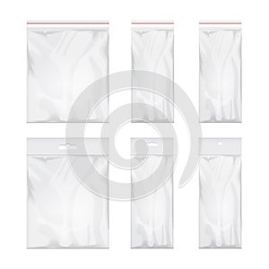 Blank transparent plastic bag template. Set of White packaging with hang slot. Mockup Vector illustration