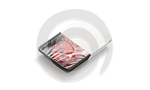 Blank transparent plastic beef tray with white label mockup, isolated