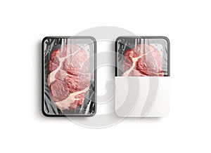 Blank transparent plastic beef tray with white label mockup, isolated