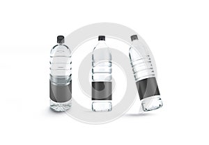 Blank transparent plastic bottle with black label mockup, different views photo
