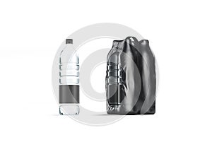 Blank transparent plastic bottle with black pack handle mockup, isolated photo