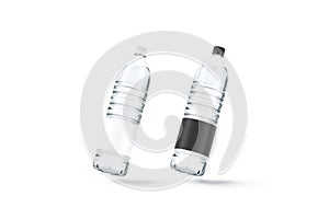 Blank transparent plastic bottle with black and white label mockup photo