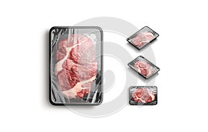 Blank transparent plastic tray with beef mockup, different sides