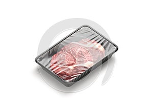 Blank transparent plastic tray with beef mockup, side view