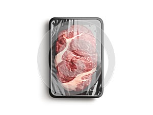Blank transparent plastic tray with beef mockup, top view