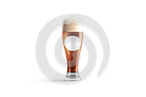 Blank transparent red beer glass round label mockup, front view photo
