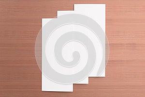 Blank tri fold brochure on wooden background photo
