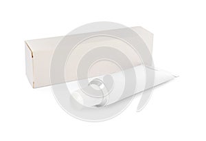 Blank tube of ointment and package on white background