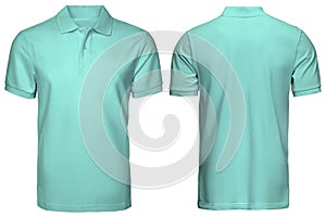 Blank turquoise polo shirt, front and back view, isolated white background. Design polo shirt, template and mockup for print.