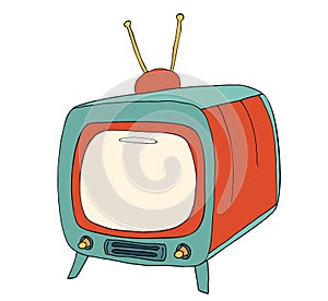 Blank TV display illustration in retro vintage style. Broadcasting or communication concept. Old isolated television with antenna.