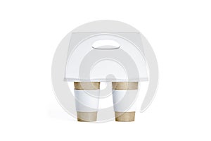 Blank two craft coffee cups white with carrier holder mockup