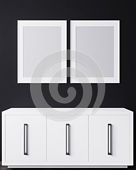 blank two frame on black wall mock up, vertical black poster frame on wall with white cabinets, picture frame on a wall, mock up
