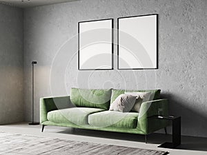Blank two picture frames mock up in light concrete room interior with green sofa, 3d rendering