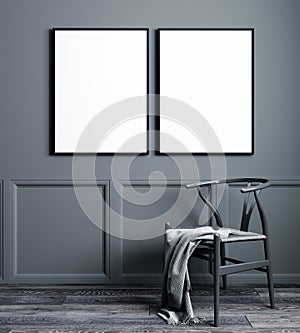 Blank two poster frame mock up in scandinavian style living room interior,3d rendering