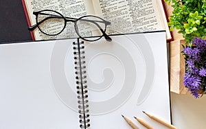 Blank two sketchbooks with three sharpen pencils, an eye-glasses and decoration plant on white background in flat lay concept