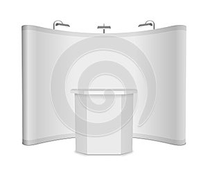 Blank vector exhibition stand with banner and table on white