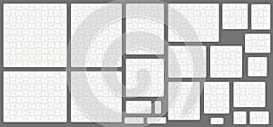 Blank vector puzzle templates with different numbers of elements. Puzzle pieces assembled into rectangles and squares. Layout for