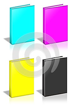 Blank vertical book template standing on white surface. CMYK 3D rendering