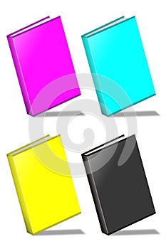 Blank vertical book template standing on white surface. CMYK 3D rendering