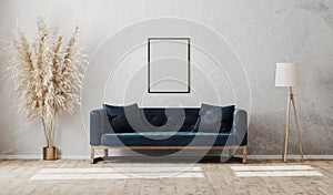 Blank vertical frame on gray decorative plaster wall in modern  living room interior with dark blue sofa, floor lamp, 3d rendering