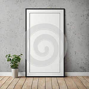 Blank vertical poster frame leaning against a textured wall with a potted plant on a wooden floor, mock-up for design