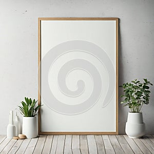 Blank vertical poster frame leaning on white wall with decorative plants on wooden floor, minimalist interior design