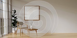 Blank vertical poster frame in Living room interior mockup. wooden table with coffee table and decoration on empty warm