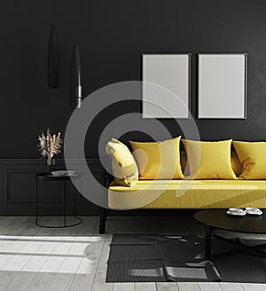 Blank vertical poster frame mock up in modern luxury living room interior with black wall and bright yellow sofa, scandinavian