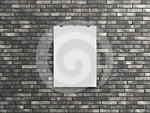 Blank vertical poster hanging with clips on a brick wall Mockup. 3D rendering