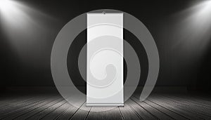 Blank vertical roll-up banner mockup in studio with spotlight. 3D Rendering
