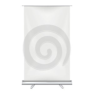 Blank vertical roll-up banner stand vector mock-up. Pull-up roller retractable standee mockup. White pop-up advertising display