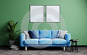 Blank vertical two frames on bright green wall in modern living room interior with blue sofa and plant, 3d rendering