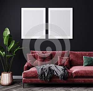 Blank vertical two frames on dark gray wall in modern living room interior with dark red sofa, plant, 3d rendering
