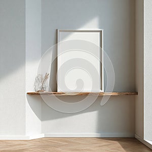 Minimalist Interior Frame Mockup on Wooden Shelf